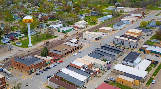 Aerial view of downtown State Center, Iowa.